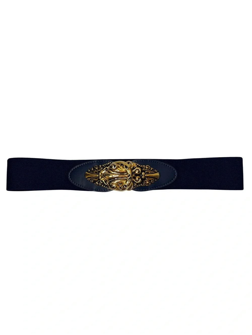 Vintage Day-Lor USA Navy Stretch Belt Ornate Gold Tone Statement Buckle